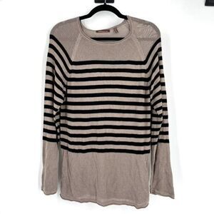 525 America Sweater Striped open knit tunic length black tan XL loose knit long‎